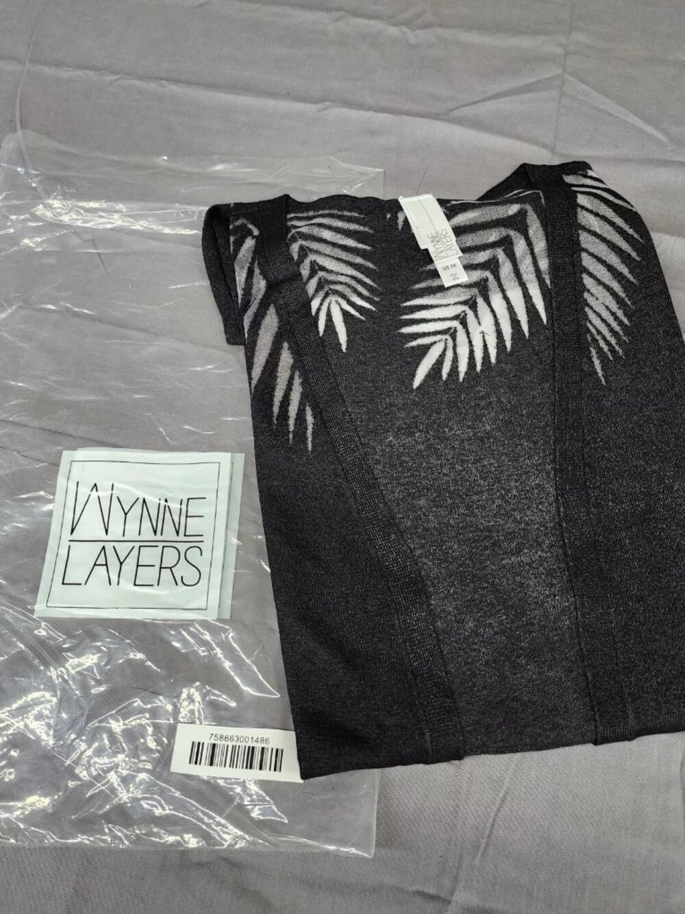 Wynne Layers 3X Plus Black Palm Leaf Print Short Sleeve Open Front Cardigan